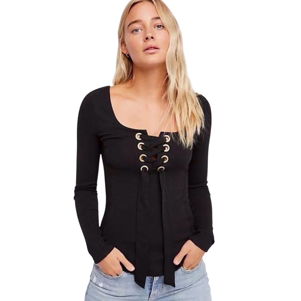 Free People Looking Back Lace Up Grommet Top Black Small Long Sleeve Y2K